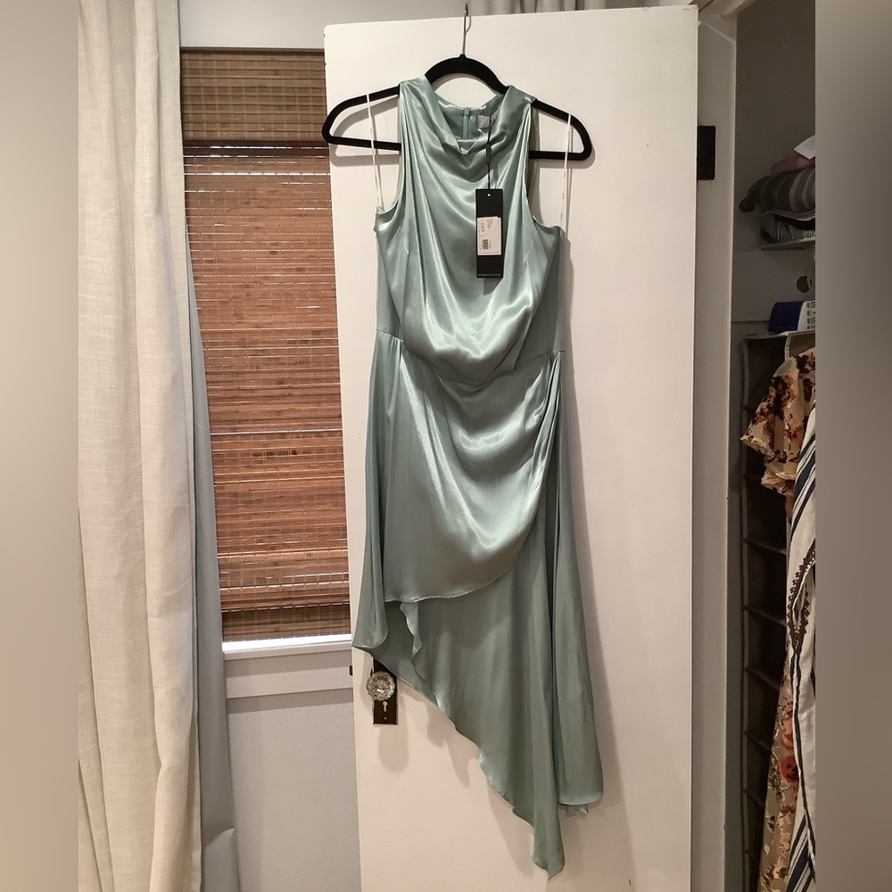Elliatt Satin Asymmetrical Midi Dress in Sage
